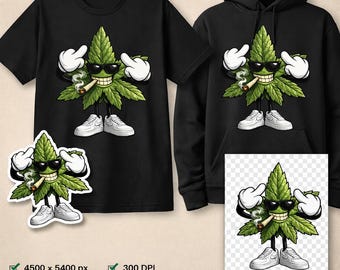 Cannabis Leaf Mascot PNG, Weed Streetwear Design, Smoking Leaf Graphic, Stoner Shirt Print File, Hoodie Sticker PNG Instant Download