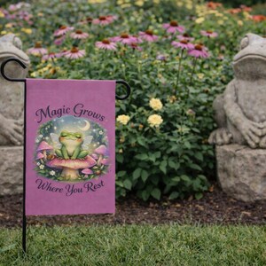Magic Grows Where You Rest garden flag | Frog Mushroom Night