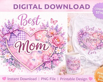 Mom Heart Floral PNG, Coquette Style Mother's Day Graphic (Digital Download)