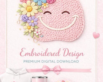 Embroidered Floral Smiley Face PNG, Pastel Flower Design, Coquette Shirt Graphic (Digital Download)