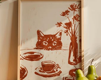 Lömsk kattkökstavla, abstrakt kaffeväggkonst, rolig matsaldekor, modern djurskiss, frukostaffisch, digital nedladdning