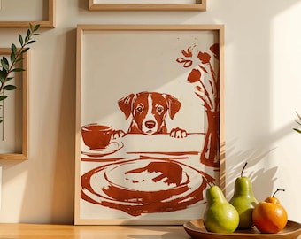 Sneaky Dog Kitchen Print, Abstract Coffee Wall Art, Funny Diner Decor, Modern Animal Sketch, Breakfast Poster, Digital download print