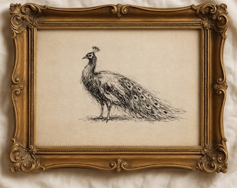 Vintage Peacock Sketch Print, Minimalist Nature Line Drawing, Cottagecore Decor Printable, Rustic Farmhouse Art (Digital Download)