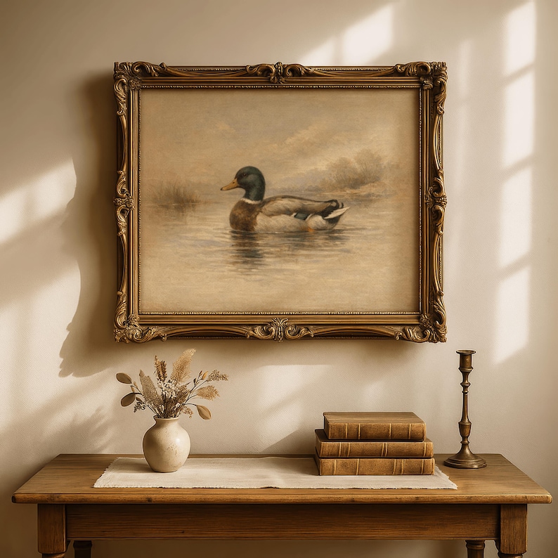 Vintage väggkonsttryck med anka, antik gräsandkonst, dämpad cottagecore-dekor, stämningsfullt rustikt bondgårdstryck (digital nedladdning) bild 6