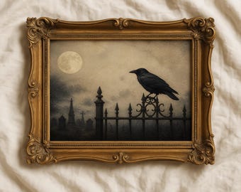 Vintage Gothic Crow Art Print, Haunted Cemetary Moody Wall Art, Dark Academia Decor (Digital Download)
