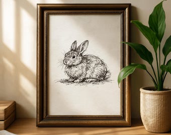 Vintage Rabbit Sketch Print, Minimalist Nature Line Drawing, Cottagecore Decor Printable, Rustic Farmhouse Art (Digital Download)