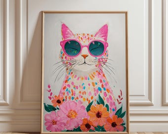 Funky Cat Wall Art Print, Floral Decor, Colourful Cat Lover Gift, Quirky Cat Print, Nursery Cat Art, Statement Wall Art, (Digital Download)