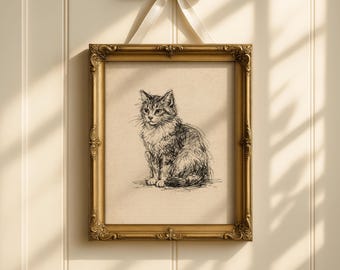 Vintage Cat Sketch Print, Minimalist Drawing Artwork, Cottagecore Decor Printable, Rustic Farmhouse Art (Digital Download)