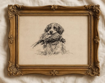 Vintage Hunting Dog Sketch Print, Minimalist Line Drawing, Cottagecore Decor Printable, Rustic Farmhouse Art (Digital Download)