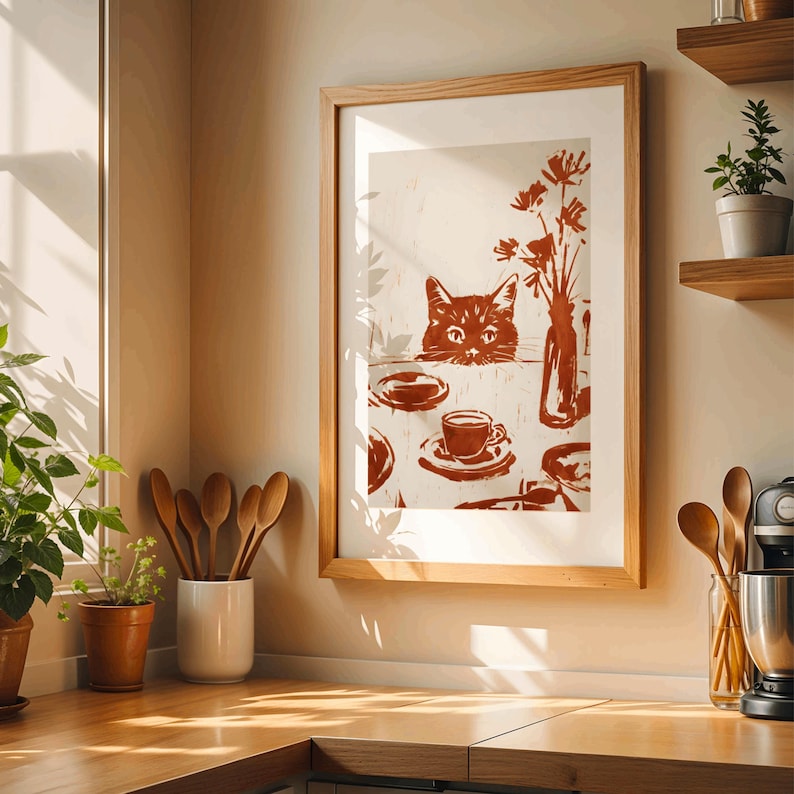 May include: A framed print featuring a cat peering over a table set with a coffee cup, plates, and a vase of flowers. The artwork is in shades of brown and cream, with a wooden frame. The scene evokes a cozy, vintage aesthetic.