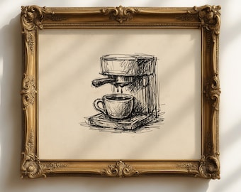 Vintage Coffee Bar Cart Art Sketch, Minimalist Kitchen Wall Art, Cottagecore Decor Printable, Rustic Farmhouse Print (Digital Download)