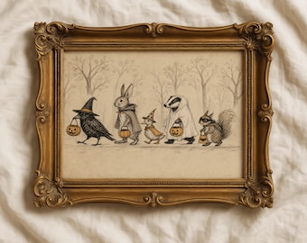 Vintage Trick or Treat Halloween Wall Art Print, Storybook Sketch Art, Muted Cottagecore Decor, Rustic Farmhouse decor (Digital Download)