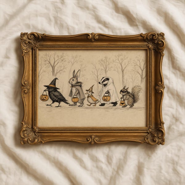 Vintage Trick or Treat Halloween Wall Art Print, Storybook Sketch Art, Muted Cottagecore Decor, Rustic Farmhouse decor (Digital Download)