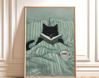 Black Cat Reading Print, Cozy Striped Green Bedroom Poster (Digital Download)
