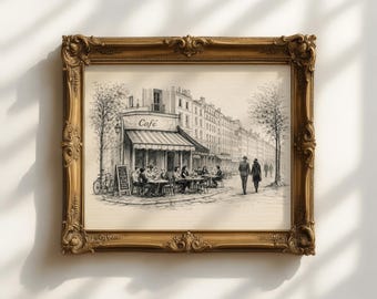 Vintage Parisian Cafe Sketch Print, Minimalist Line Drawing, French Bistro Printable, Rustic Art (Digital Download)