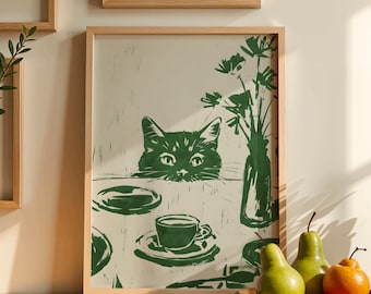 Lömsk kattkökstavla, grön abstrakt kaffeväggkonst, rolig matställedekor, modern djurskiss, frukostaffisch, digital nedladdning