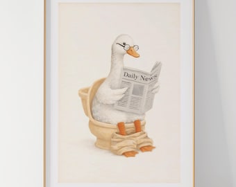 Silly Goose Toilet Newspaper Print, Funny Bathroom Art (Digital Download)
