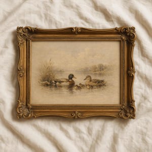 Peut inclure: Une estampe vintage encadrée de canards nageant dans un lac. L'œuvre représente une paire de canards adultes et plusieurs canetons dans l'eau, avec des roseaux et des arbres en arrière-plan. Le cadre est orné et doré.