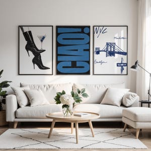 Y2K retro marineblauwe galerij muurkunst set van 3, poster New York, Ciao!, modieuze laarzen, chique appartementdecor, slaapzaaldecor (digitale download)