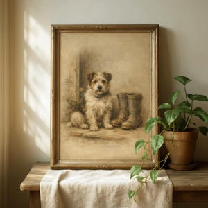 May include: A framed vintage print depicting a dog and wellington boots. The artwork has a warm, sepia-toned colour palette. The dog has brown and white fur. The boots are brown. The frame is gold-coloured. A potted plant is in the foreground.