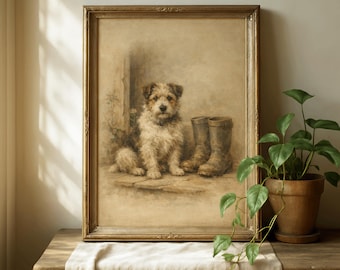 Vintage Terrier Hunting Dog Print, Rustic Nature Wall Art, Cottagecore Decor, Antique Moody Farmhouse Decor (Digital Download)