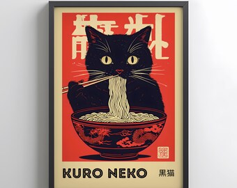 Kuro Neko Cat Poster, Japanese Wall Art, Japandi Ramen Cat Print, Minimalist Black Cat Artwork, Modern Kitchen Home Decor, Digital Download