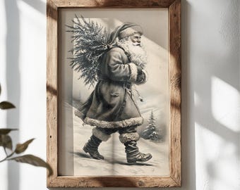 Vintage Christmas Santa Print, Christmas Decor, Printable Wall Art, Santa Tree Drawing, Winter Forest Holiday Poster (Digital download)