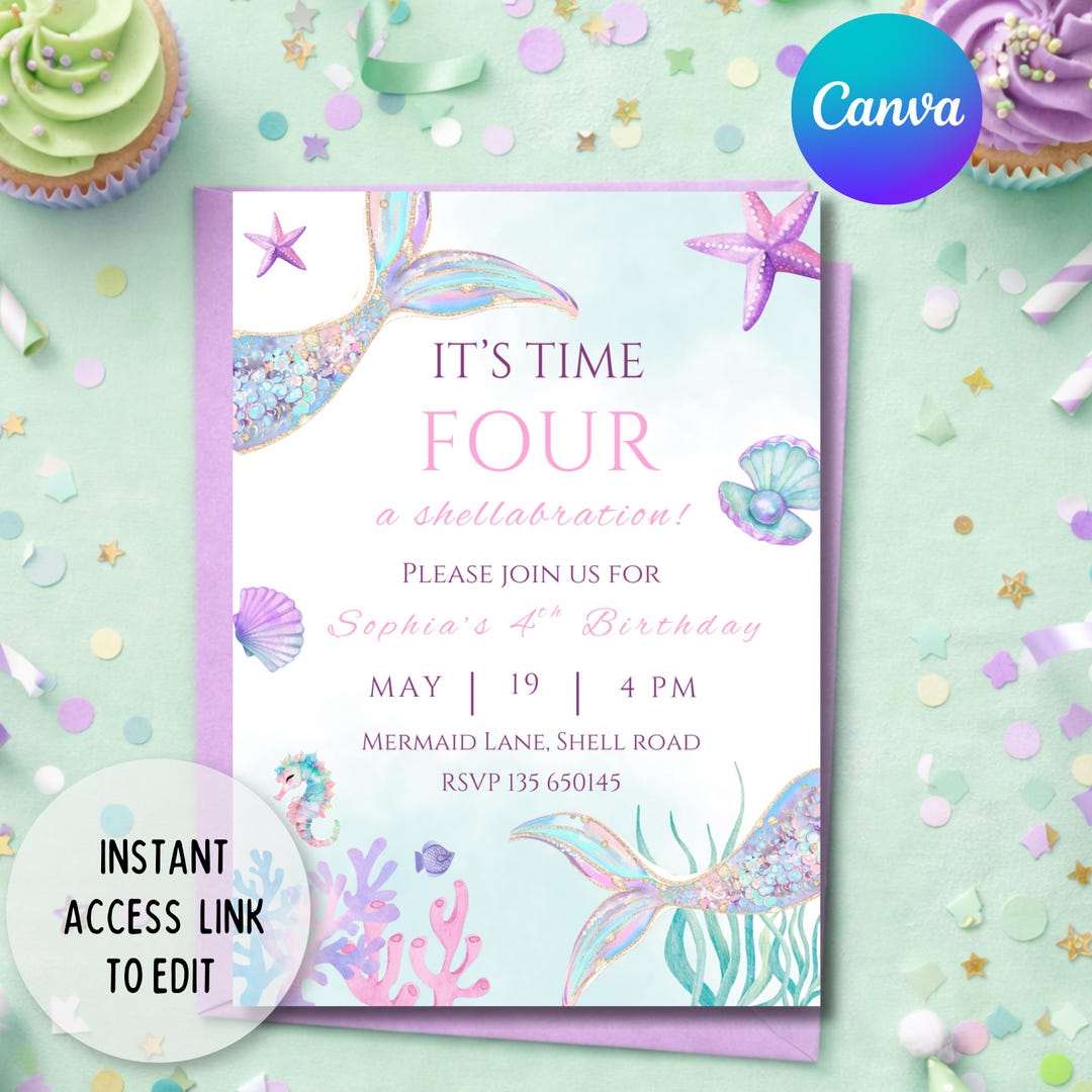 Editable Mermaid Fourth Birthday Invitation | Pastel Purple ...