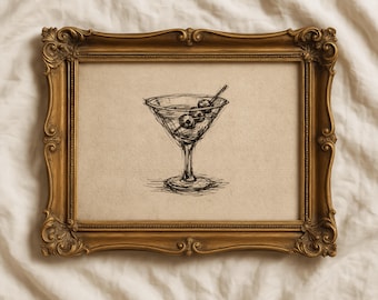 Vintage Martini Sketch Print, Bar Cart Wall Decor, Minimalist Line Drawing, Cocktail Wall Art  (Digital Download)