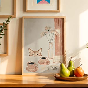 Sneaky Cat Kitchen Print, Abstract Coffee Wall Art, Funny Diner Decor, Modern Animal Sketch, Breakfast Poster, Digital Download Print