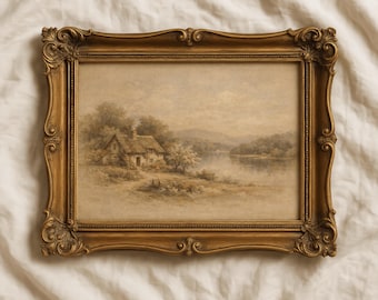 Vintage Country Farmhouse Art Print, Muted Antique Nature Illustration, Cottagecore Decor, Rustic Country Landscape Decor (Digital Download)