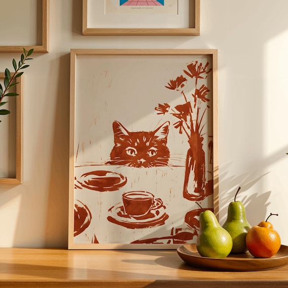 Sneaky Cat Kitchen Print, Abstract Coffee Wall Art, Funny Diner Decor, Modern Animal Sketch, Breakfast Poster, Digital download print