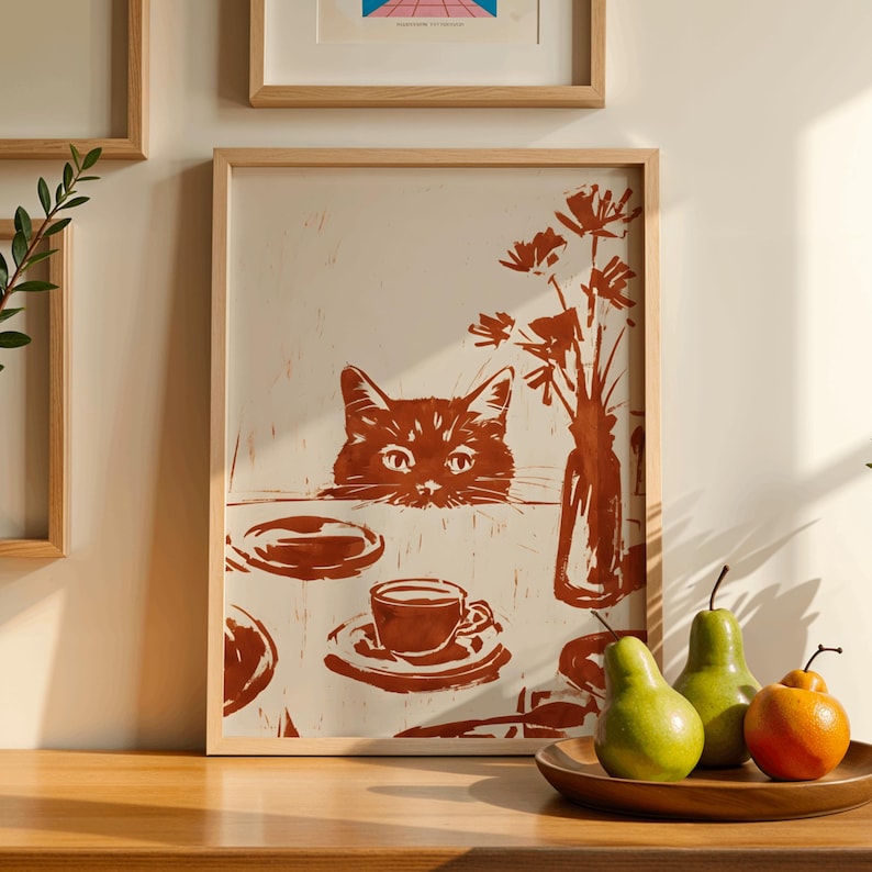 Sneaky Cat Kitchen Print, Abstract Coffee Wall Art, Funny Diner Decor, Modern Animal Sketch, Breakfast Poster, Digital download print