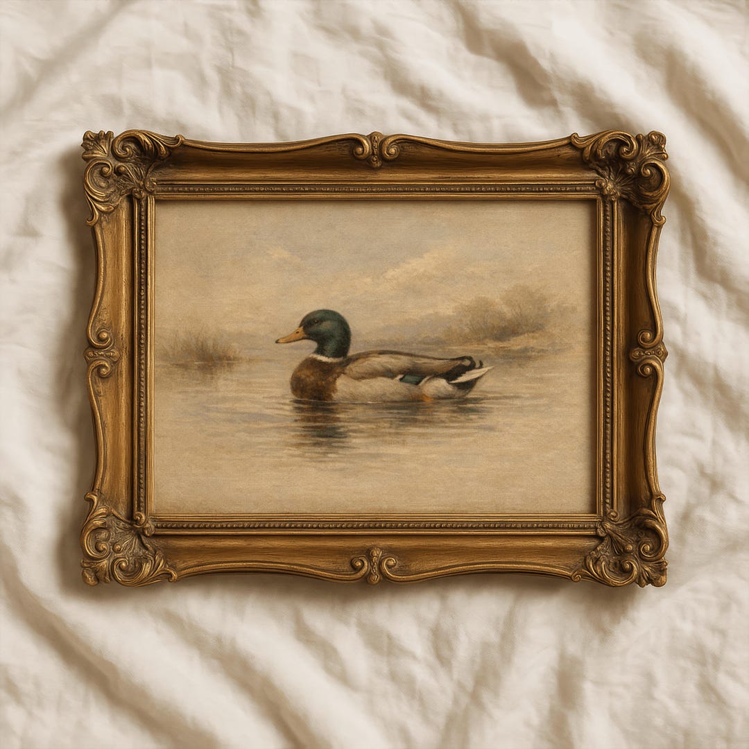 Vintage Duck Wall Art Print, Antique Mallard Art, Muted Cottagecore Decor, Moody Rustic Fa
