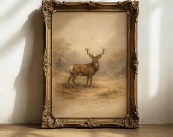 Vintage Stag Print, Rustic Nature Wall Art, Cottagecore Decor, Antique Moody Woodland Animal Decor, Vintage Gallery Wall (Digital Download)