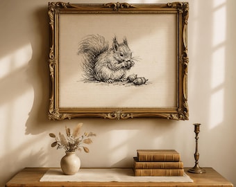 Vintage Squirrel Sketch Print, Minimalist Line Drawing, Cottagecore Decor Printable, Rustic Farmhouse Art (Digital Download)