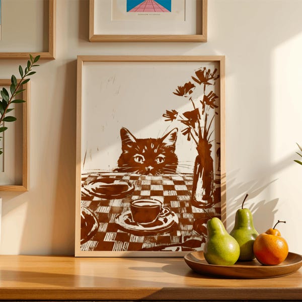Sneaky Cat Kitchen Print, Abstract Checkered Coffee Wall Art, Funny Diner Decor, Modern Animal Sketch, Breakfast Poster, Digital Download