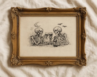 Vintage Skeleton Sketch Print, Minimalist Line Drawing, Vintage Halloween Wall Art (Digital Download)