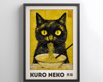 Kuro Neko Cat Poster, Japanese Wall Art, Japandi Ramen Cat Print, Minimalist Black Cat Digital Artwork, Modern Home Decor, Digital Download
