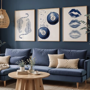 Retro Navy Blue Wall Art Set - Lucky 8 Ball, Blue Cheetah, Trendy Lips – Vintage Preppy Digital Prints for Dorm, Bedroom & Living Room Decor