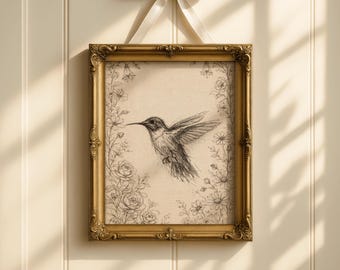 Vintage Botanical Hummingbird Sketch Print, Minimalist Drawing Artwork, Cottagecore Decor Printable, Rustic Farmhouse Art (Digital Download)