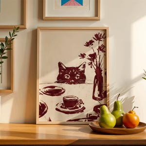 Lömsk kattkökstavla, abstrakt kaffeväggkonst, rolig matsaldekor, modern djurskiss, frukostaffisch, digital nedladdning