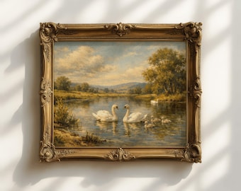 Vintage River Landscape Swan Oil Painting, Muted Antique Nature Illustration, Cottagecore Decor, Rustic Country Landscape (Digital Download)