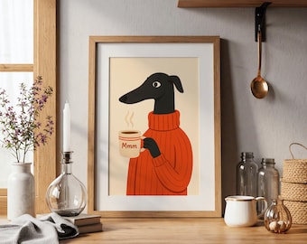 Greyhound Coffee Art Print, Kitchen Wall Art, Coffee Cart Decor, Funny Dog Poster (Digital Download)