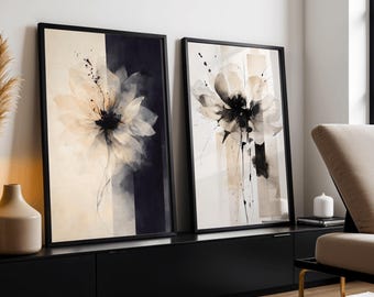 Minimalistisk blomkonsttryck, set om 2: Beige & svart botanisk galleriväggkonst (digital nedladdning)