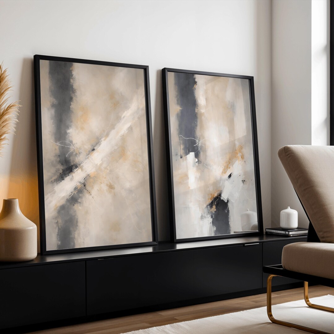 Black and Beige Abstract Wall Art Set of 2, Modern Minimalist Printable ...
