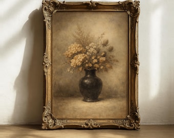Vintage Fall Flowers Vase Print, Moody Rustic Wall Art, Still Life, Cottagecore Decor, Botanical Gothic Antique Decor (Digital Download)