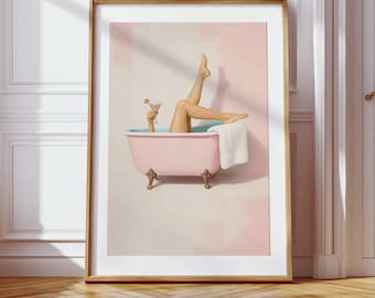 Pink Bathtub with Martini Glass Print, Bathroom Wall Art, Cocktail Decor, Glam Art Printable, Girly Poster, Digital Download