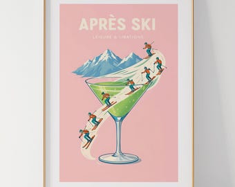 Après Ski Martini Art, Retro Skiing Print, Mid Century Ski Chalet Wall Decor, Ski Poster, Bar Cart Art (Digital Download)