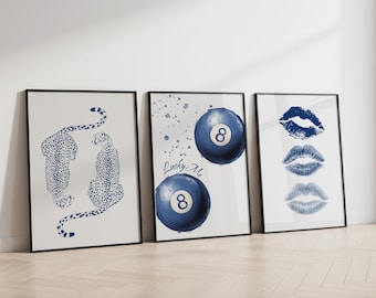 Tavelväggsset med 3 tryck: Retro 8 Ball, Gepard, Läppar, Studentrumsdekor, Utskrivbar Väggkonst för år 2000, Retro Posterset (Digital Nedladdning)